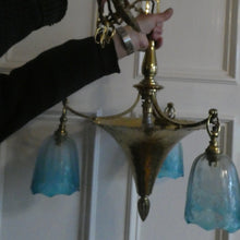 Load image into Gallery viewer, Antique ARTS AND CRAFTS Brass Chandelier Pendant Light Fitting with Three Blue Shades
