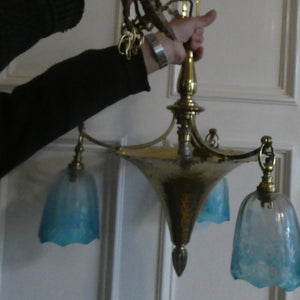 Antique ARTS AND CRAFTS Brass Chandelier Pendant Light Fitting with Three Blue Shades