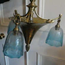 Load image into Gallery viewer, Antique ARTS AND CRAFTS Brass Chandelier Pendant Light Fitting with Three Blue Shades
