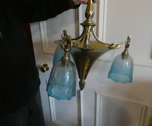 Antique ARTS AND CRAFTS Brass Chandelier Pendant Light Fitting with Three Blue Shades