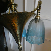 Load image into Gallery viewer, Antique ARTS AND CRAFTS Brass Chandelier Pendant Light Fitting with Three Blue Shades
