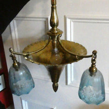 Load image into Gallery viewer, Antique ARTS AND CRAFTS Brass Chandelier Pendant Light Fitting with Three Blue Shades
