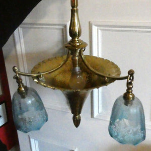 Antique ARTS AND CRAFTS Brass Chandelier Pendant Light Fitting with Three Blue Shades