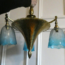 Load image into Gallery viewer, Antique ARTS AND CRAFTS Brass Chandelier Pendant Light Fitting with Three Blue Shades
