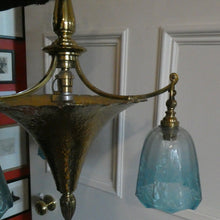 Load image into Gallery viewer, Antique ARTS AND CRAFTS Brass Chandelier Pendant Light Fitting with Three Blue Shades
