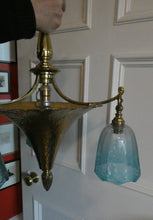 Load image into Gallery viewer, Antique ARTS AND CRAFTS Brass Chandelier Pendant Light Fitting with Three Blue Shades
