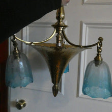 Load image into Gallery viewer, Antique ARTS AND CRAFTS Brass Chandelier Pendant Light Fitting with Three Blue Shades
