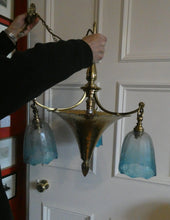 Load image into Gallery viewer, Antique ARTS AND CRAFTS Brass Chandelier Pendant Light Fitting with Three Blue Shades

