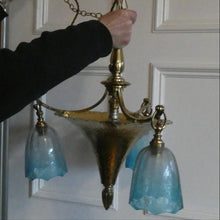 Load image into Gallery viewer, Antique ARTS AND CRAFTS Brass Chandelier Pendant Light Fitting with Three Blue Shades
