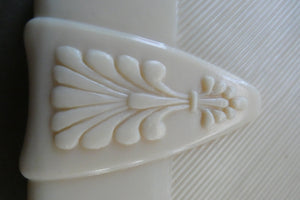 1930s Art Deco Cream Celluloid Trinket Box with Faux Decorative Clasps and a Hinged Lid