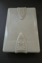Load image into Gallery viewer, 1930s Art Deco Cream Celluloid Trinket Box with Faux Decorative Clasps and a Hinged Lid
