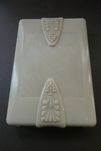 1930s Art Deco Cream Celluloid Trinket Box with Faux Decorative Clasps and a Hinged Lid