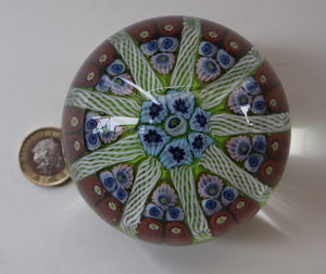 Vintage Scottish Paperweight 1950s VASART GLASS. Lime Green Ground with Nine Spokes and Millefiori Canes