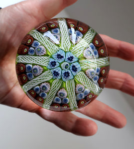 Vintage Scottish Paperweight 1950s VASART GLASS. Lime Green Ground with Nine Spokes and Millefiori Canes