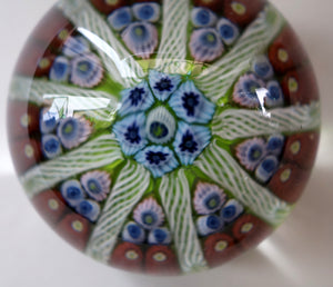 Vintage Scottish Paperweight 1950s VASART GLASS. Lime Green Ground with Nine Spokes and Millefiori Canes