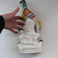 Load image into Gallery viewer, SINGLE LARGE Antique 1870s STAFFORDSHIRE Chimney Ornament of a Fancy Bird Perched on a Mossy Bank
