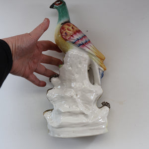SINGLE LARGE Antique 1870s STAFFORDSHIRE Chimney Ornament of a Fancy Bird Perched on a Mossy Bank