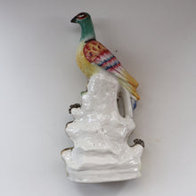 Load image into Gallery viewer, SINGLE LARGE Antique 1870s STAFFORDSHIRE Chimney Ornament of a Fancy Bird Perched on a Mossy Bank
