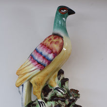 Load image into Gallery viewer, SINGLE LARGE Antique 1870s STAFFORDSHIRE Chimney Ornament of a Fancy Bird Perched on a Mossy Bank
