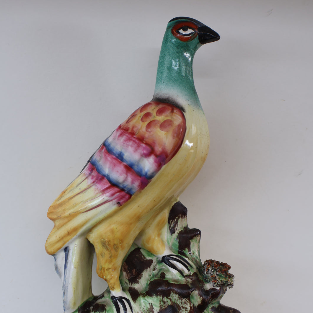 SINGLE LARGE Antique 1870s STAFFORDSHIRE Chimney Ornament of a Fancy Bird Perched on a Mossy Bank