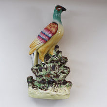 Load image into Gallery viewer, SINGLE LARGE Antique 1870s STAFFORDSHIRE Chimney Ornament of a Fancy Bird Perched on a Mossy Bank
