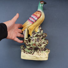 Load image into Gallery viewer, SINGLE LARGE Antique 1870s STAFFORDSHIRE Chimney Ornament of a Fancy Bird Perched on a Mossy Bank
