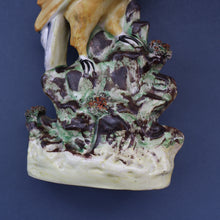 Load image into Gallery viewer, SINGLE LARGE Antique 1870s STAFFORDSHIRE Chimney Ornament of a Fancy Bird Perched on a Mossy Bank
