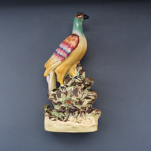 Load image into Gallery viewer, SINGLE LARGE Antique 1870s STAFFORDSHIRE Chimney Ornament of a Fancy Bird Perched on a Mossy Bank
