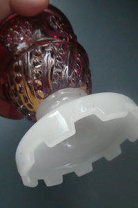 Pair of Miniature VICTORIAN Cranberry and Opaline White Milk Glass Miniature Oil or Kerosene Lamps