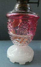 Load image into Gallery viewer, Pair of Miniature VICTORIAN Cranberry and Opaline White Milk Glass Miniature Oil or Kerosene Lamps
