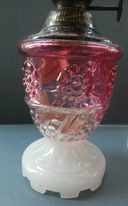 Pair of Miniature VICTORIAN Cranberry and Opaline White Milk Glass Miniature Oil or Kerosene Lamps