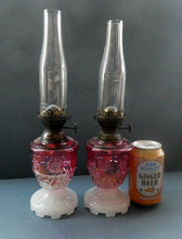 Load image into Gallery viewer, Pair of Miniature VICTORIAN Cranberry and Opaline White Milk Glass Miniature Oil or Kerosene Lamps
