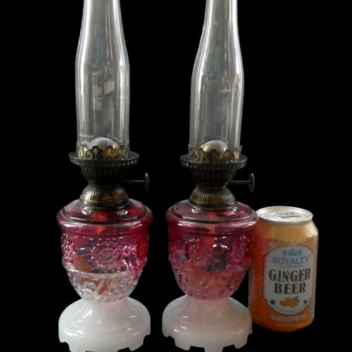Pair of Miniature VICTORIAN Cranberry and Opaline White Milk Glass Miniature Oil or Kerosene Lamps