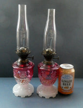 Load image into Gallery viewer, Pair of Miniature VICTORIAN Cranberry and Opaline White Milk Glass Miniature Oil or Kerosene Lamps
