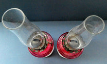 Load image into Gallery viewer, Pair of Miniature VICTORIAN Cranberry and Opaline White Milk Glass Miniature Oil or Kerosene Lamps
