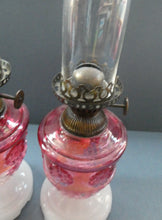 Load image into Gallery viewer, Pair of Miniature VICTORIAN Cranberry and Opaline White Milk Glass Miniature Oil or Kerosene Lamps
