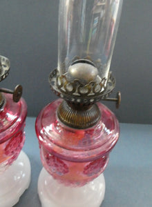Pair of Miniature VICTORIAN Cranberry and Opaline White Milk Glass Miniature Oil or Kerosene Lamps
