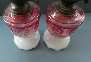 Pair of Miniature VICTORIAN Cranberry and Opaline White Milk Glass Miniature Oil or Kerosene Lamps