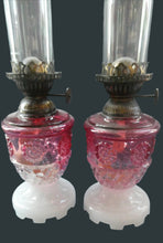 Load image into Gallery viewer, Pair of Miniature VICTORIAN Cranberry and Opaline White Milk Glass Miniature Oil or Kerosene Lamps
