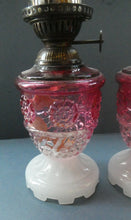 Load image into Gallery viewer, Pair of Miniature VICTORIAN Cranberry and Opaline White Milk Glass Miniature Oil or Kerosene Lamps
