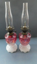 Load image into Gallery viewer, Pair of Miniature VICTORIAN Cranberry and Opaline White Milk Glass Miniature Oil or Kerosene Lamps
