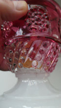 Load image into Gallery viewer, Pair of Miniature VICTORIAN Cranberry and Opaline White Milk Glass Miniature Oil or Kerosene Lamps
