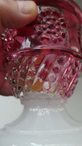 Pair of Miniature VICTORIAN Cranberry and Opaline White Milk Glass Miniature Oil or Kerosene Lamps