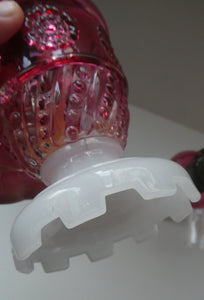 Pair of Miniature VICTORIAN Cranberry and Opaline White Milk Glass Miniature Oil or Kerosene Lamps