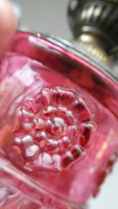 Pair of Miniature VICTORIAN Cranberry and Opaline White Milk Glass Miniature Oil or Kerosene Lamps