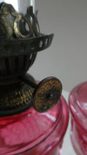 Load image into Gallery viewer, Pair of Miniature VICTORIAN Cranberry and Opaline White Milk Glass Miniature Oil or Kerosene Lamps
