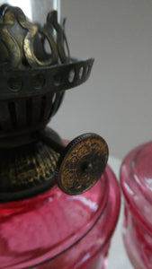Pair of Miniature VICTORIAN Cranberry and Opaline White Milk Glass Miniature Oil or Kerosene Lamps