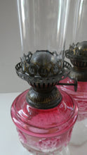 Load image into Gallery viewer, Pair of Miniature VICTORIAN Cranberry and Opaline White Milk Glass Miniature Oil or Kerosene Lamps
