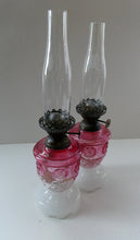 Load image into Gallery viewer, Pair of Miniature VICTORIAN Cranberry and Opaline White Milk Glass Miniature Oil or Kerosene Lamps
