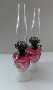 Pair of Miniature VICTORIAN Cranberry and Opaline White Milk Glass Miniature Oil or Kerosene Lamps